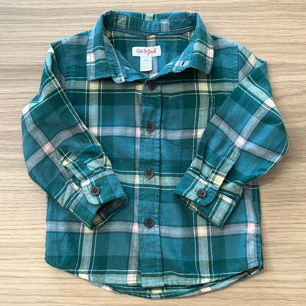 Cat & Jack, toddler long sleeve cotton flannel plaid shirt, 9-12 months